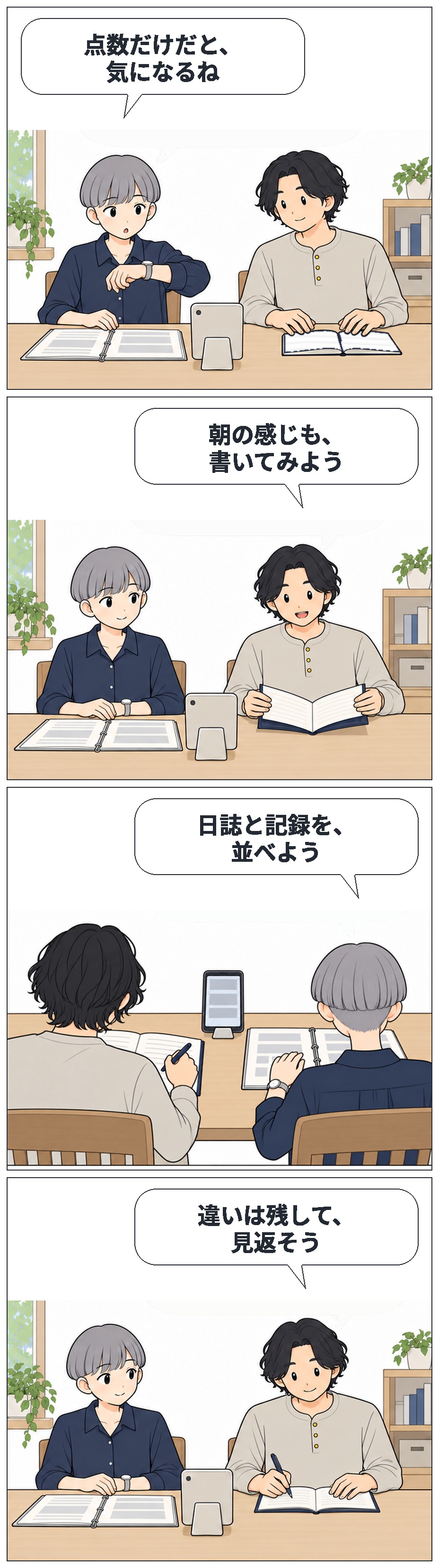 すずが腕時計の記録を見て、はると朝の感じ方を手帳に残し、日誌と機器の記録を並べる4コマ。