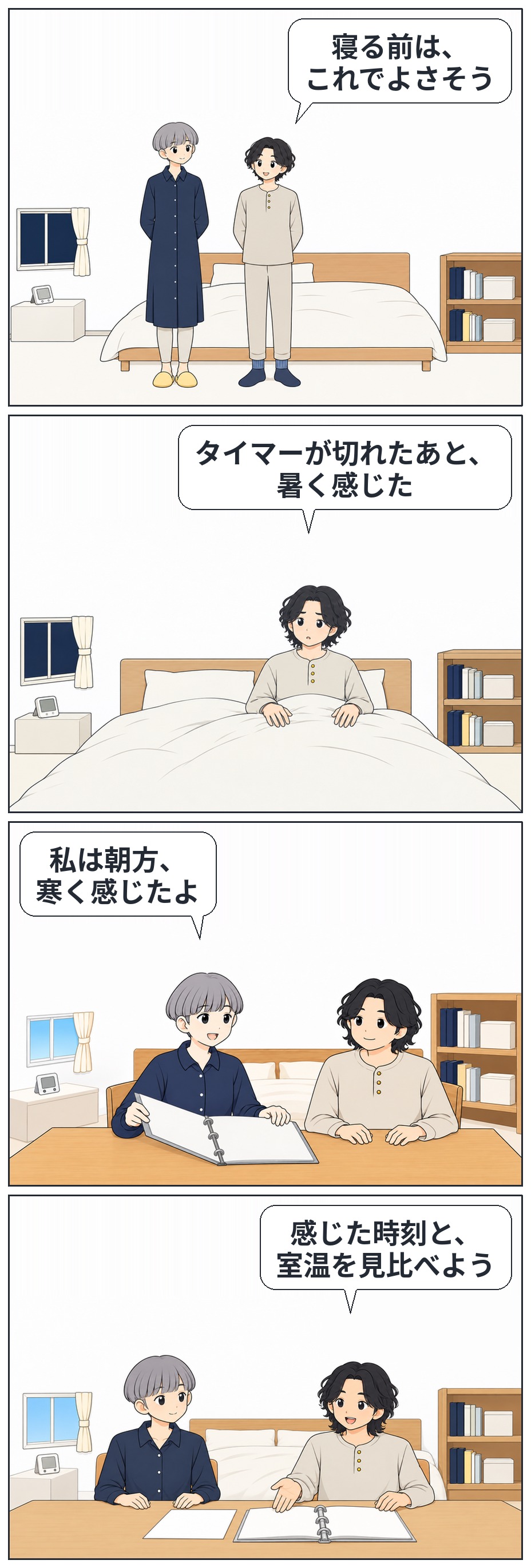 寝る前はよさそうと話したはるが夜中に暑く感じ、翌朝すずと時刻と室温の記録を見比べる4コマ。